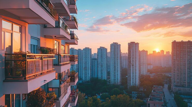 Balcony view over the Hyderabad skyline at sunset in an artist's impression